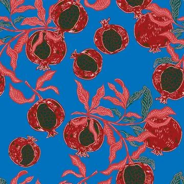 Seamless fruit pattern with pomegranates and leaves. Vintage style, hand draw Stock Illustration