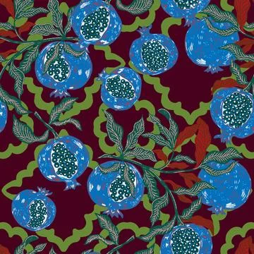 Seamless fruit pattern with pomegranates and leaves. Vintage style, hand draw Stock Illustration
