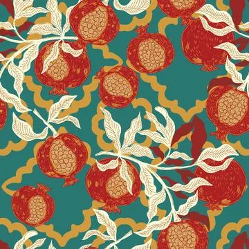 Seamless fruit pattern with pomegranates and leaves. Vintage style, hand draw Stock Illustration