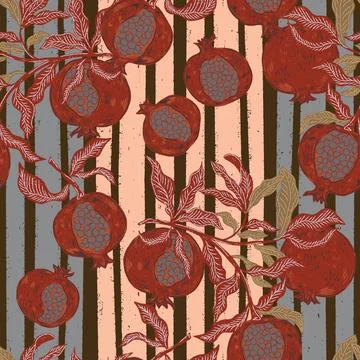 Seamless fruit pattern with pomegranates and leaves. Vintage style, hand draw Stock Illustration