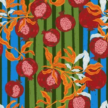 Seamless fruit pattern with pomegranates and leaves. Vintage style, hand draw Illustrazione stock