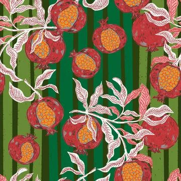 Seamless fruit pattern with pomegranates and leaves. Vintage style, hand draw Illustrazione stock