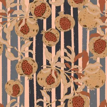 Seamless fruit pattern with pomegranates and leaves. Vintage style, hand draw Stock Illustration