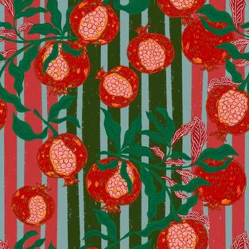 Seamless fruit pattern with pomegranates and leaves. Vintage style, hand draw Stock Illustration
