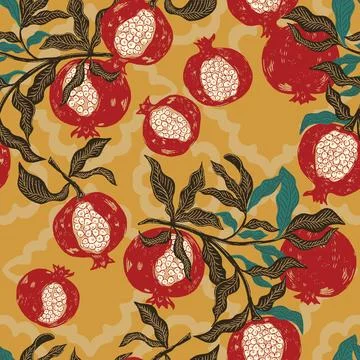 Seamless fruit pattern with pomegranates and leaves. Vintage style, hand draw イラスト素材
