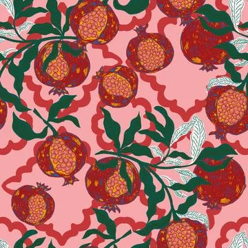 Seamless fruit pattern with pomegranates and leaves. Vintage style, hand draw Stock Illustration
