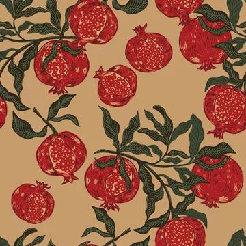 Seamless fruit pattern with pomegranates and leaves. Vintage style, hand draw Stock Illustration