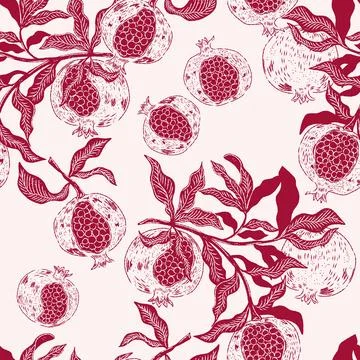 Seamless fruit pattern with pomegranates and leaves. Vintage style, hand draw Stock Illustration