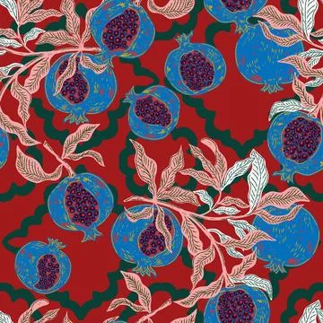 Seamless fruit pattern with pomegranates and leaves. Vintage style, hand draw Stock Illustration