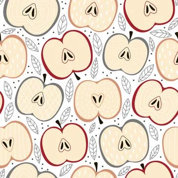 Seamless fruit pattern red and grey apple with leaves on a white background 스톡 일러스트
