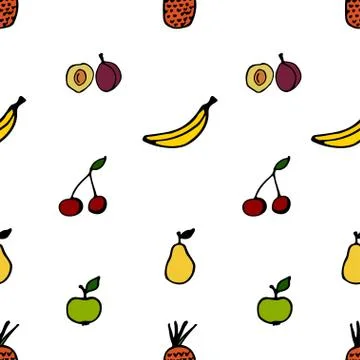 Seamless fruit pattern. Vector illustration including apples, pears, plums, b Stock Illustration