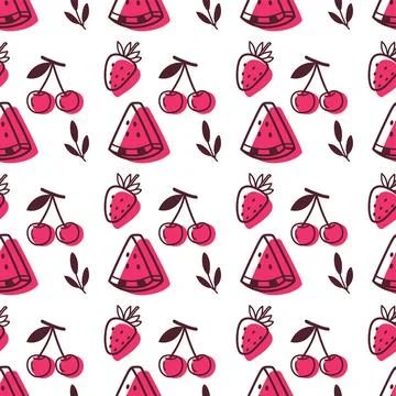Seamless fruit pattern with watermelon, strawberry and cherry. Fun and fruity Stock Illustration
