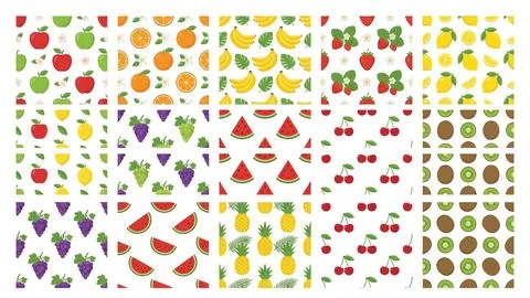 Seamless fruit patterns collection featuring apples oranges bananas strawbe.. Stock Illustration