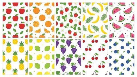 Seamless fruit patterns set with apples oranges strawberries bananas waterm.. Stock Illustration