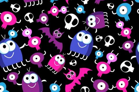 Seamless fun Halloween pattern of monsters Stock Illustration
