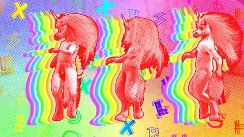 Seamless funny animation of a crazy unicorns dancing with rainbow  and colorful Video stock 109774073