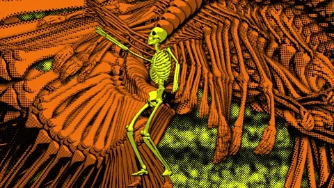 Seamless funny animation of dancing skeleton with echo effect in halftone Stock Footage 134266763