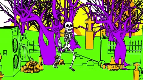 Seamless funny animation of a dancing skeleton in a graveyard in comic style and Stock Footage 136074972