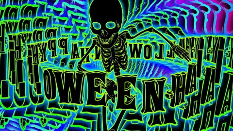 Seamless funny animation of dancing skeleton with Halloween text in cartoon Vidéo 285606793