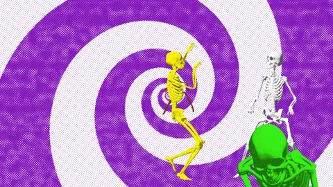 Seamless funny animation of dancing skeletons in halftone photocopy printed Stockbeeldmateriaal 130257177