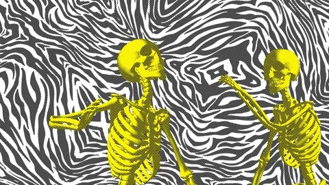 Seamless funny animation of dancing skeletons in halftone photocopy printed Video stock 130268905