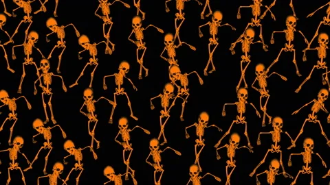 Seamless funny animation of dancing skeletons in halftone photocopy printed Stock Footage 134409169