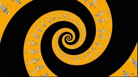 Seamless funny animation of dancing skeletons in comic style and orange color in Stockbeeldmateriaal 135002558