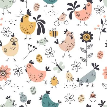 Seamless funny chickens pattern. Cartoon cute roosters and hens, decorative イラスト素材
