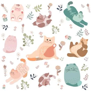 Seamless funny pattern cute hand drawn set of cat character pose. Great for w Stock Illustration