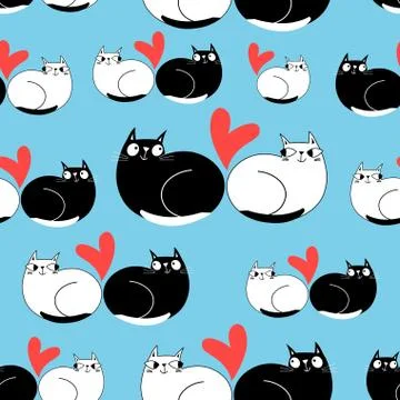 Seamless funny pattern of enamored cats Stock Illustration