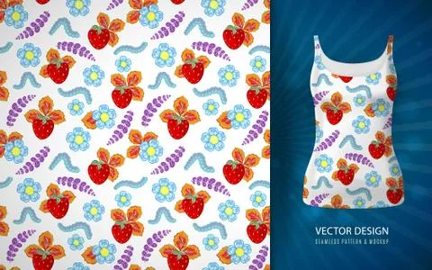 Seamless funny pattern with strawberry and worms. Hand draw vector illustration Stock Illustration