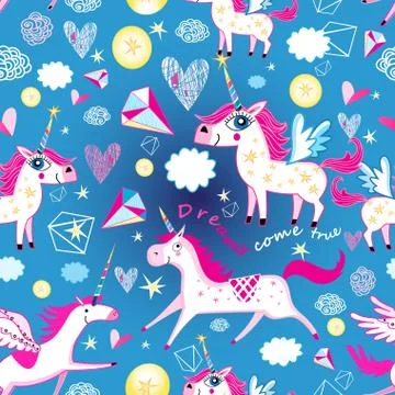 Seamless funny pattern from unicorns Stock Illustration