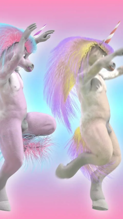 Seamless funny vertical video of go go dancer unicorns with long pink hair Видео 306740864