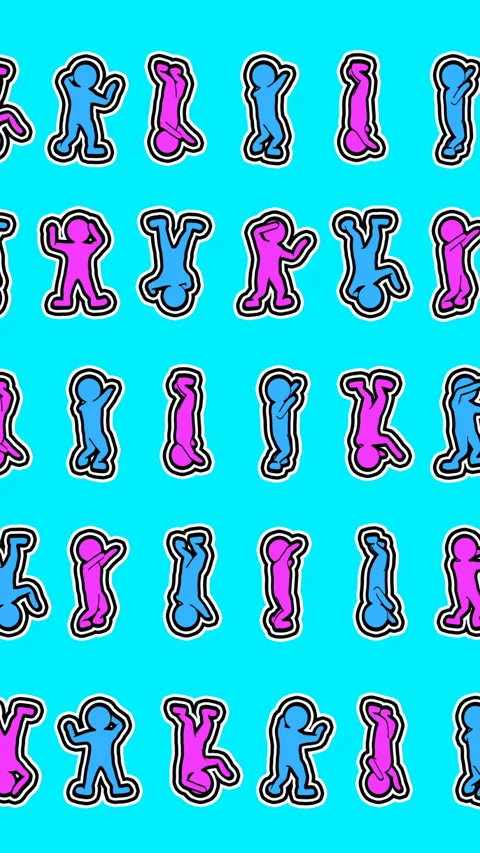 Seamless funny vertical video of minimal sketch characterS dancing on a blue Video stock 305937616