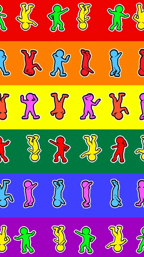 Seamless funny vertical video of minimal sketch character dancing over a rainbow Stock Footage 306309440