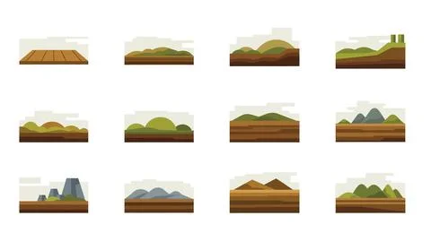 Seamless game grounds set, various landscape sections with mountains and tr.. Stock Illustration