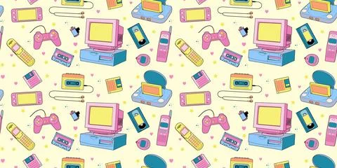 Seamless game pattern. Y2k devices. Hand drawn console. Vintage kids comput.. Stock Illustration