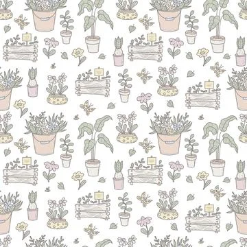 Seamless Gardening Pattern. Repeating Spring Potted Plants, Flowers, And Bo.. Stock Illustration
