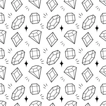 Seamless Gemstone Pattern with Diamonds and Crystals Line Art Stock Illustration