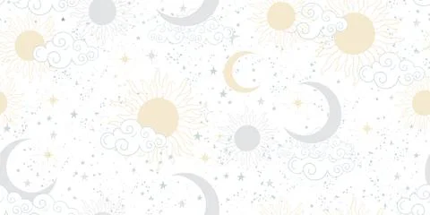 Seamless gentle celestial pattern with sun and blue moon, vector ornament on a 스톡 일러스트