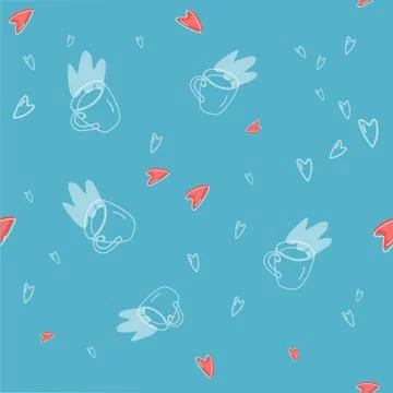 Seamless gentle pattern with elements of blue cups and red hearts. Stock Illustration