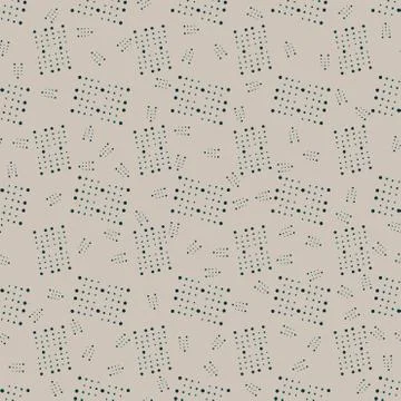 Seamless geometric dark green patterns of dots, rectangles on a beige background Stock Illustration