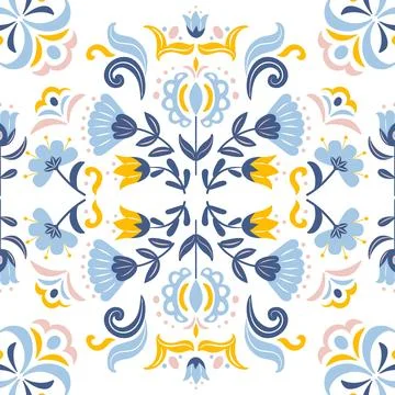Seamless geometric ethnic pattern flowers in Scandinavian or Slavic style Stock Illustration