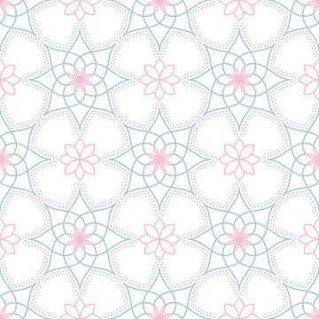 Seamless Geometric Floral Pattern with Pink and Blue Line Art Stock Illustration