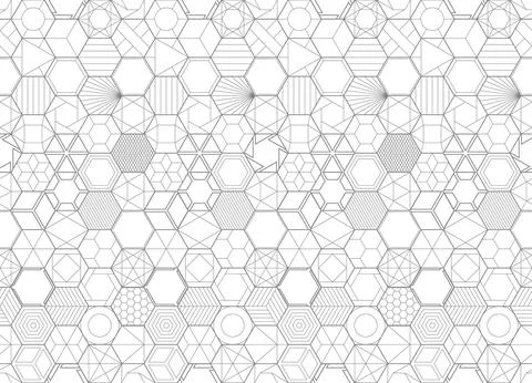 Seamless geometric hex grid pattern drawn with fine dark contour lines. Irreg 스톡 일러스트