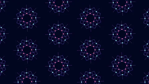 Seamless geometric neon pattern animation with glowing nodes on dark background Stock Footage 332107141