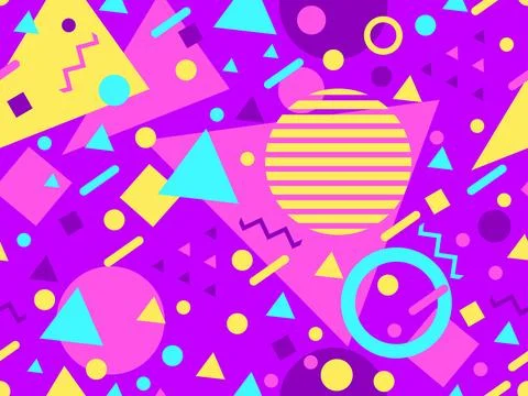 Seamless geometric pattern in 80s memphis style. Colorful geometric shapes... Illustrazione stock