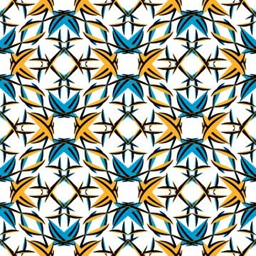 Seamless geometric pattern, basic colors of orange blue black. Vector. Stock Illustration