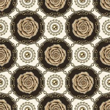 Seamless geometric pattern with beige roses, round elements made of gold chai Illustrazione stock