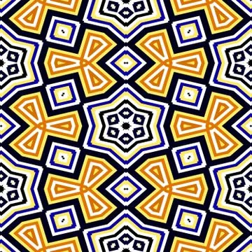 Seamless geometric pattern in black, blue, yellow, orange Stock-Illustration